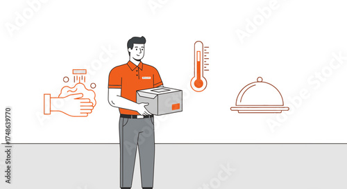 Safe Food Delivery Protocols Demonstrating Hand Washing, Temperature Checks, and Service.