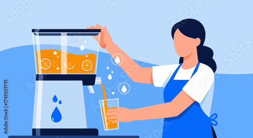 Refreshing Citrus Juice Extraction And Serving Illustrated In Vibrant Vector Style
