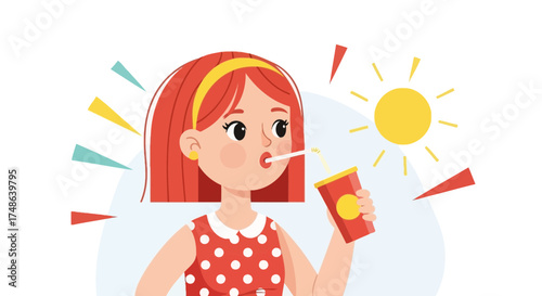 Refreshing Drink Enjoyed Under Sunny Skies with a Smiling Female as Summer Begins