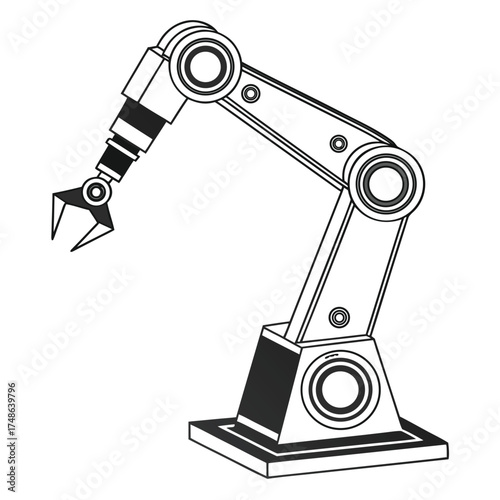 Black and white line art illustration of a robotic industrial arm with a gripper on a white background
