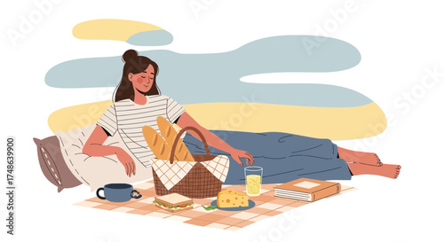 Relaxation And Joyful Moments With A Picnic And A Woman's Leisure Time.
