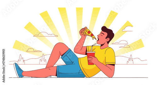 Relaxation And Enjoyment: Man Relaxes Eating Pizza With Drink Under Sunny Sky