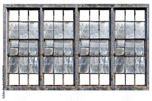 Old industrial factory windows with weathered metal frames isolated on Transparent Background
