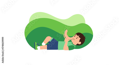 Relaxed Boy Relishing Watermelon Slice While Resting on a Green, Verdant Terrain