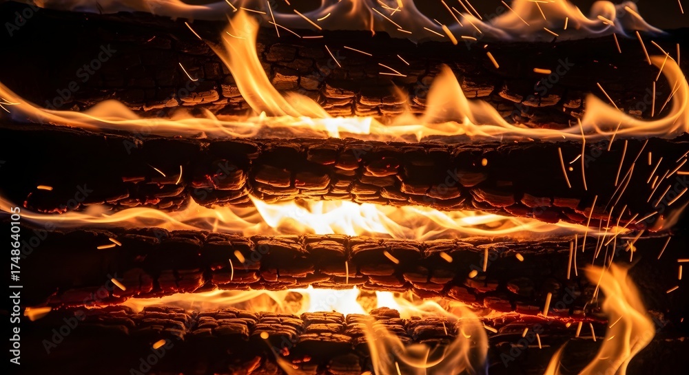 custom made wallpaper toronto digitalIntense bright orange and yellow flames lick and dance across stacked logs in a dark fiery abstract background with glowing embers