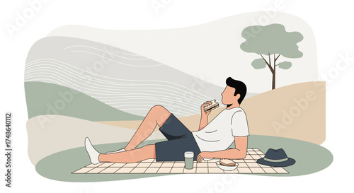 Relaxed Man Enjoying A Sandwich Outdoors Amidst Nature's Blissful Serenity