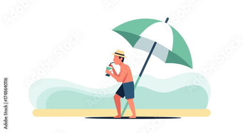Relaxed Man Enjoying Drink Underneath Umbrella on Sandy Beach to Embrace Summer Vacation