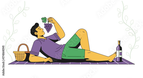 Relaxed Man Enjoying Grapes And Wine During A Peaceful Picnic Outdoors