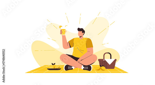 Relaxed Man Enjoying Refreshing Drink During Sunny Picnic Leisure Time