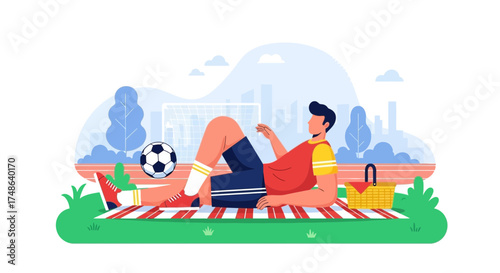 Relaxed Man Enjoying Summer Picnic With Soccer Ball and Park Backdrop