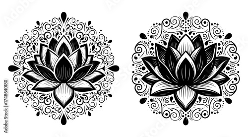 Vector art of hand drawn illustration of two lotus flowers with decorative elements, around 100 characters