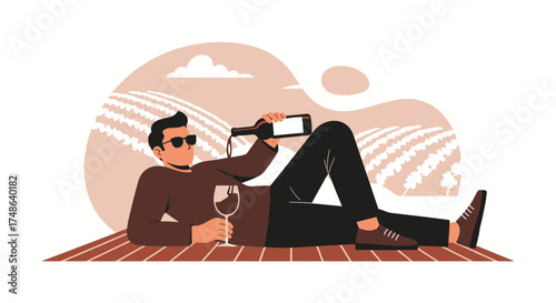 Relaxed Man Pours Wine, Enjoying Life Outdoors in a Serene Vineyard Landscape