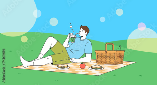 Relaxed Person Drinking Juice On Picnic Blanket Enjoying Beautiful Sky And Sunny Day