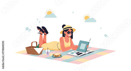Relaxed Woman Enjoying Summer Picnic Reading A Book on A Colorful Picnic Blanket