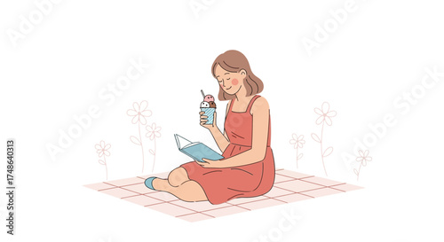 Relaxed Woman Enjoys Book And Ice Cream, Happy Moment During Leisure In Sunshine