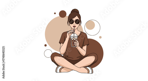 Relaxed Woman in Sunglasses Sipping Iced Coffee on White, Peaceful Moment Illustration