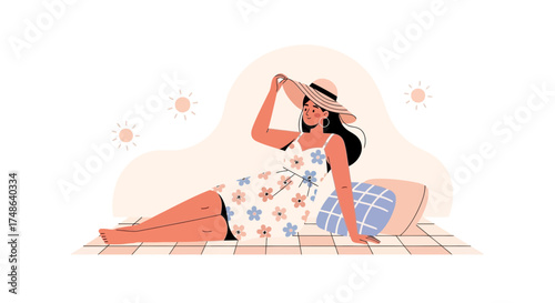 Relaxed Woman Enjoys Sunny Summer Day Outdoors With Floral Dress and Stylish Hat