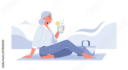 Relaxed Woman on a Picnic Enjoying a Refreshing Drink in a Tranquil Outdoor Setting