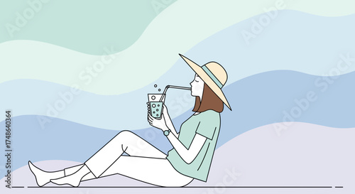 Relaxed Woman in Hat Enjoying Refreshing Drink on a Calm, Decorative Background