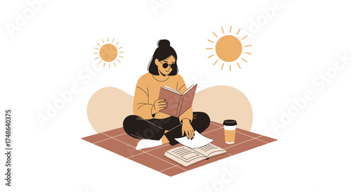 Relaxed Woman Reading Book Outdoors Under the Sunshine enjoying Peaceful Moment