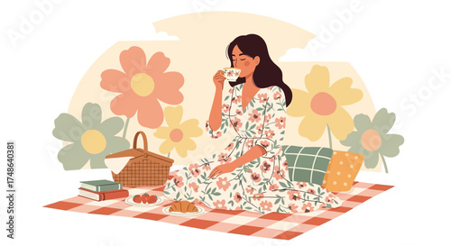Relaxed Woman Sipping Tea During a Pleasurable Picnic Surrounded by Flowers
