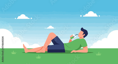 Relaxing Day Graphic Depicting Person Resting and Drinking Beverage in a Park