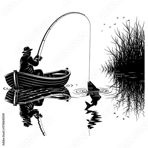 Vector art of fisherman in a boat catching a fish, a vintage illustration of a man fishing