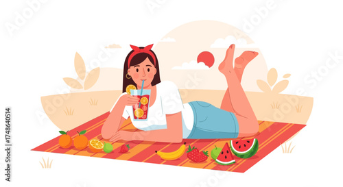 Relaxing Day Spent Outdoors with Refreshing Drink and Fresh Summer Fruits