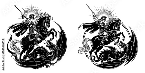 Vector art of saint george slaying the dragon, two versions, vector illustration