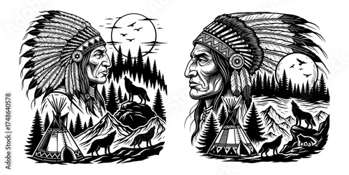 Vector art of native american chief with headdress and wolf howling at the moon hand drawn illustration