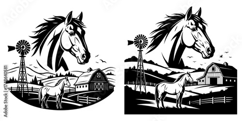 Vector art of horse and farm landscape in monochrome style, showcasing rural beauty and agricultural heritage with windmill and barn
