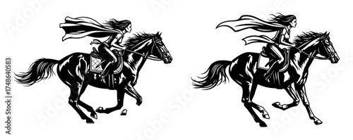 Vector art of two black and white drawings of a woman riding a horse with a cape