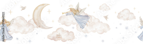 Horizontal seamless border with Christmas composition with angel trumpets nimbus among the clouds moon. Watercolor illustration Christian Nativity angel birds and stars for religious invitation.