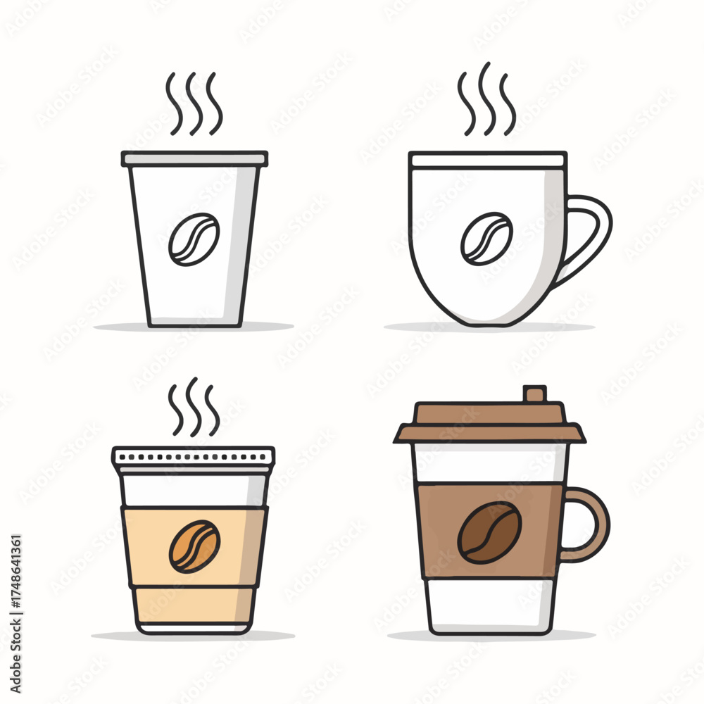 Obraz premium Coffee cup icon set vector illustration of a hot espresso or cappuccino beverage for cafe breakfast design