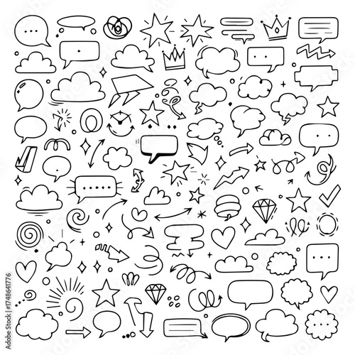 Set of doodle Cloud, Speech Bubble, Sun, and Weather Elements for Backgrounds, Textures, and Digital Designs