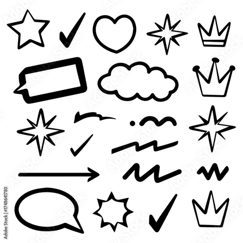Minimalist Black Line Icons of Speech Bubbles, Checkmarks, Hearts, Stars, and Clouds for User Interface and Infographics