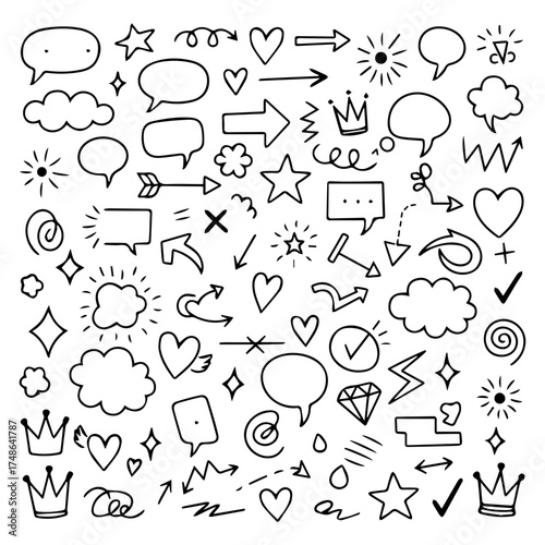 Hand-Drawn Doodle Style Speech Bubbles, Hearts, Stars, and Decorative Elements for Creative Designs and Social Media Graphics