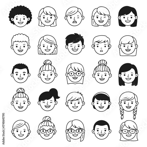 Collection of Diverse Children's Faces with Different Emotions and Expressions for Kids' Portraits and Educational Materials