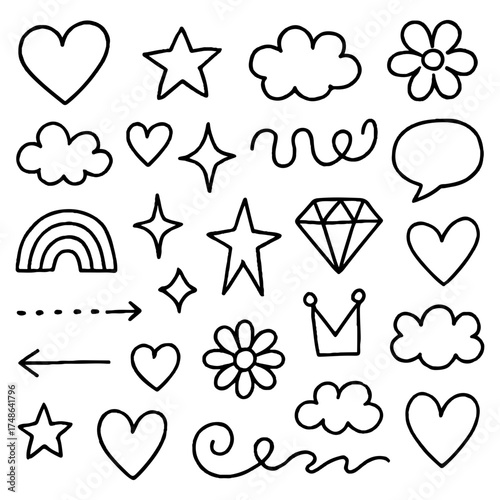 Doodle Hand-Drawn Collection of Hearts, Stars, Clouds, Rainbows, Diamonds, and Decorative Elements for Creative Designs and Invitations