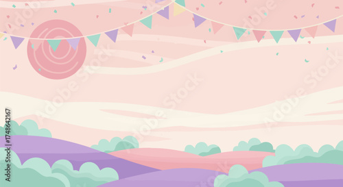 Pastel landscape with bunting and confetti creates a whimsical celebration scene