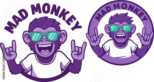 Cartoon monkey with sunglasses making rock and roll hand gestures in purple design