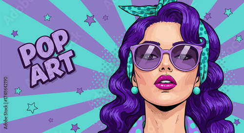Retro pop art woman with purple hair and sunglasses in a vintage comic style