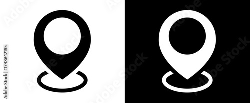 Black and white location pin icons on contrasting backgrounds