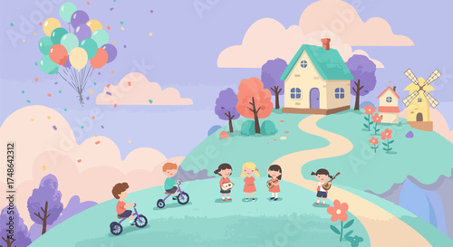Children enjoying a sunny day with balloons and music in a whimsical landscape