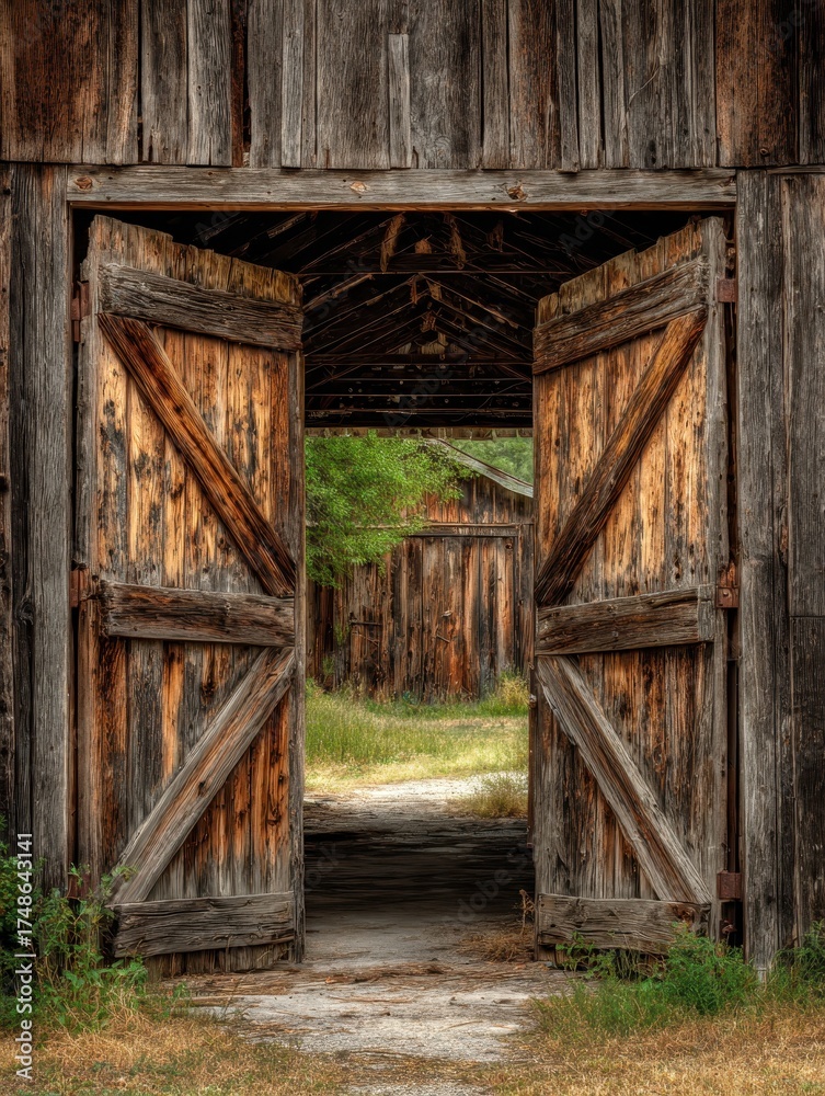 Naklejka premium Sunlit Open Barn Doors: A Close-Up View of Weathered Wood in a Rural Georgian Landscape