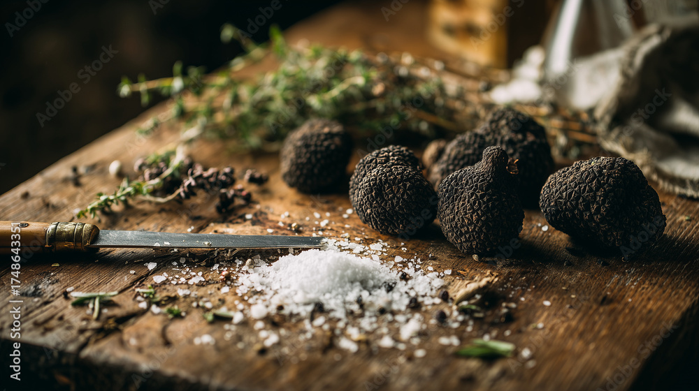 Fototapeta premium Fresh Black Truffles on Rustic Wooden Table.