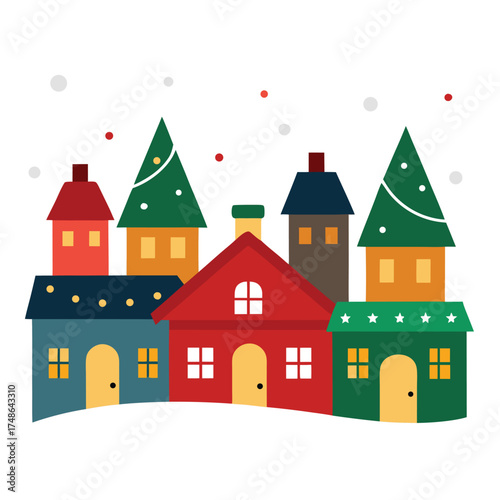 Colorful village houses with snowy rooftops and festive trees