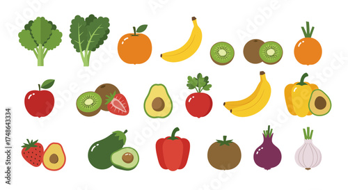 Vibrant assortment of fresh fruits and vegetables, perfect for healthy eating campaigns, wellness programs, and clean food promotions, originally a scalable graphic