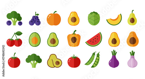 Healthy Eating Flat Design, A Colorful Collection of Fruits and Vegetables, Perfect for Promoting Wellness and Nutrition, Appealing Food Icons, Modern Style