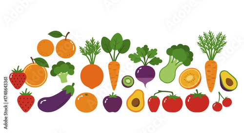 Vibrant assorted fruits and vegetables for healthy eating concepts and culinary creations, featuring fresh produce in a colorful, appetizing arrangement